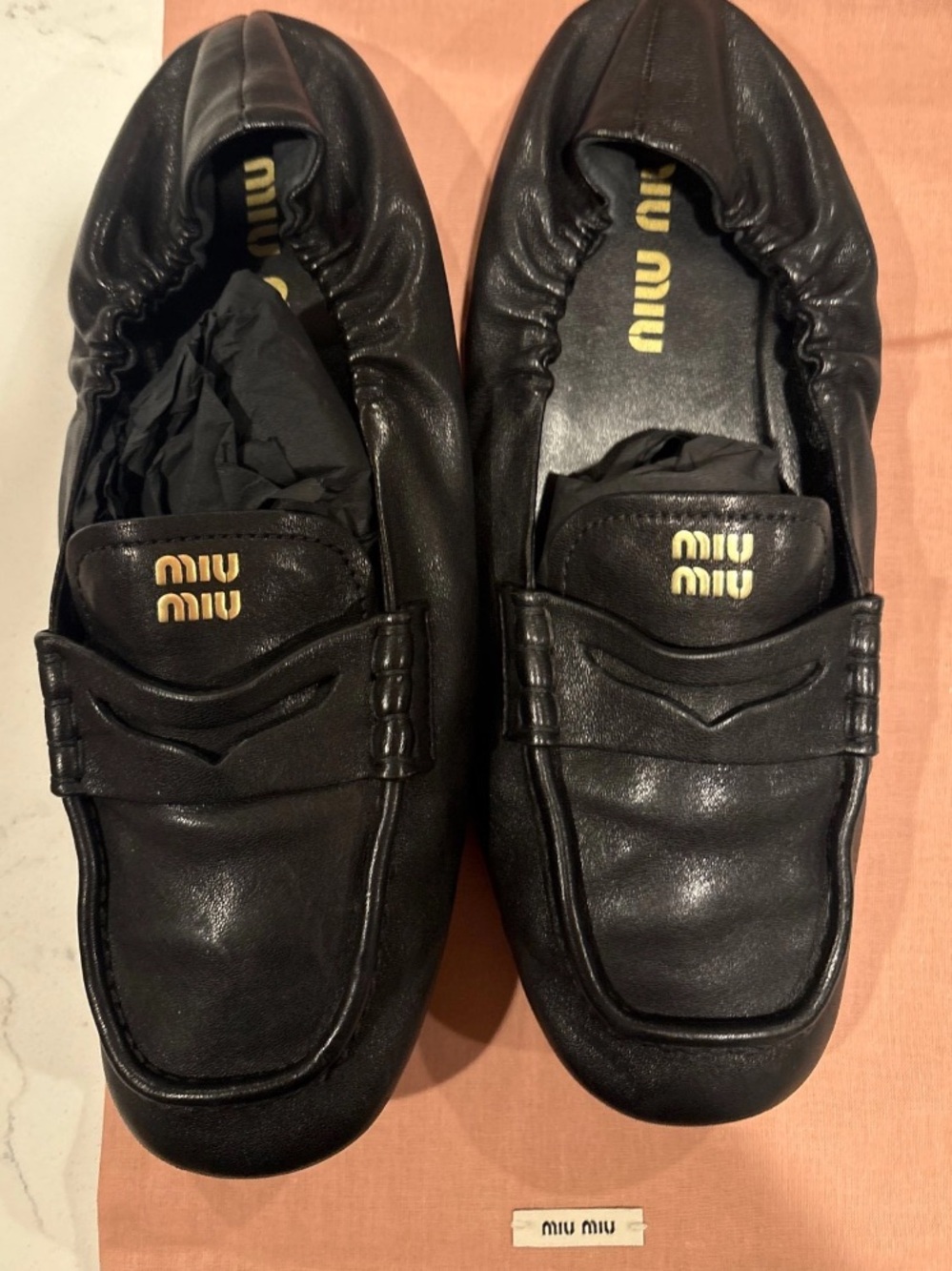 Miu Miu Black nappa Leather Ruches Loafers with gold logo size 39 with box - Picture 11 of 16